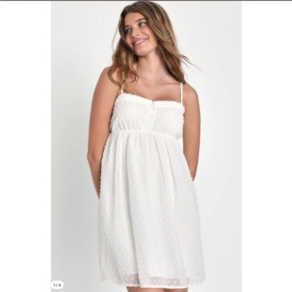 Lulu's Swiss Dot Babydoll Dress in White L